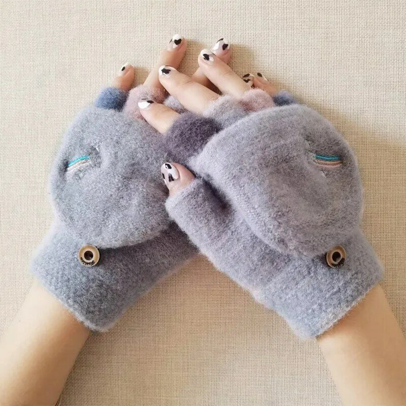 Autumn Winter Warm Gloves Flip Cover Fingerless Mittens Soft Girl Cute Cartoon Half-finger Knitted Velvet Students Gloves T176