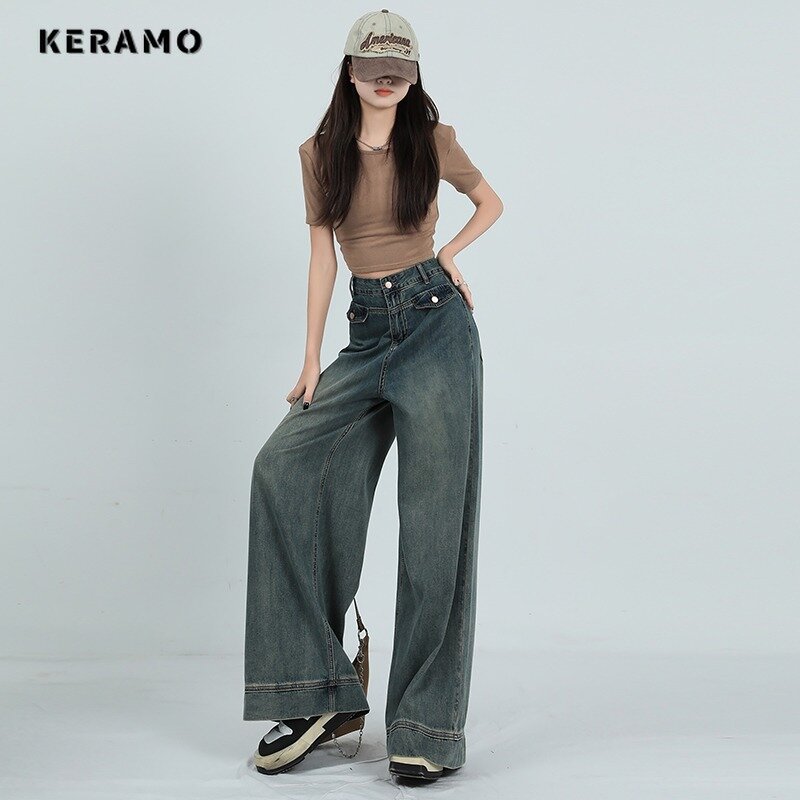 Streetwear Style Blue Straight Vintage High Waist Jeans Pants Women's Wide Leg Baggy Y2K Korean Full Length Denim Trouser
