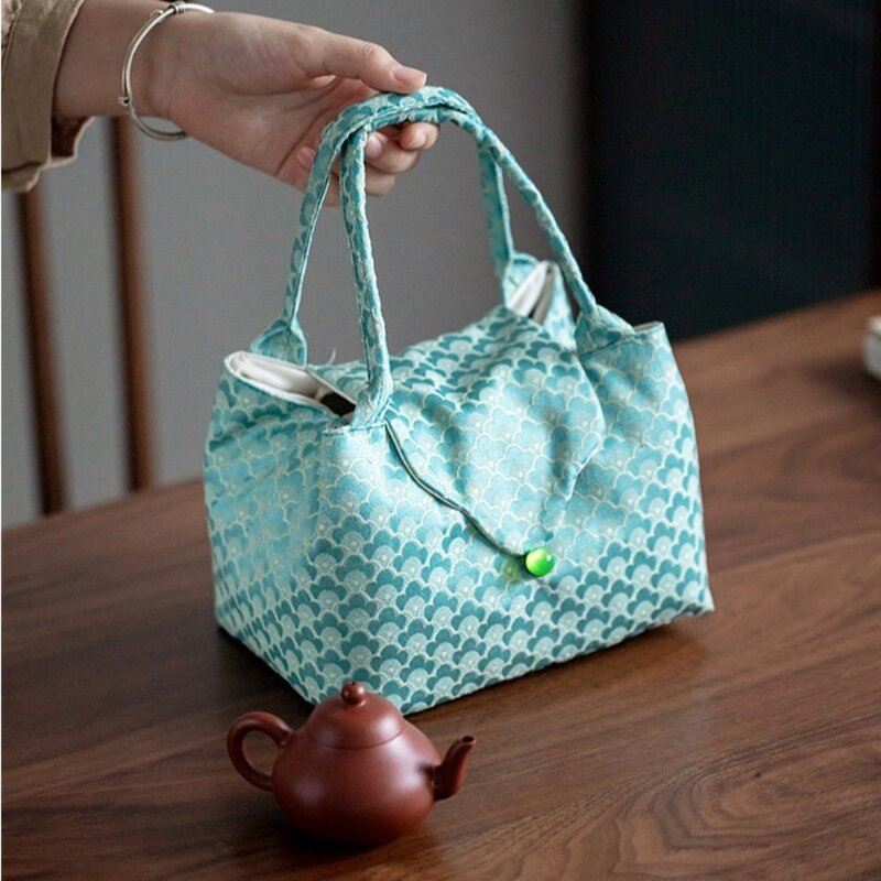 Tas tangan kain gaya Cina tas Tote tas penyimpanan peralatan minum teh cetak modis