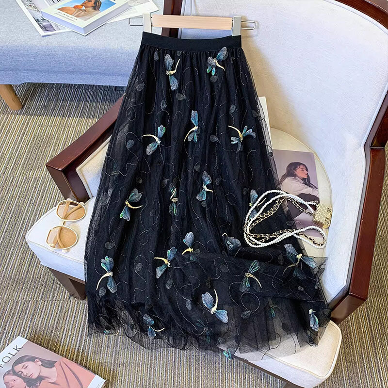 Модная длинная Плиссированная юбка с вышивкой стрекозы для феи юбки из тюля женские летние эластичные сетчатые юбки с высокой талией 2024