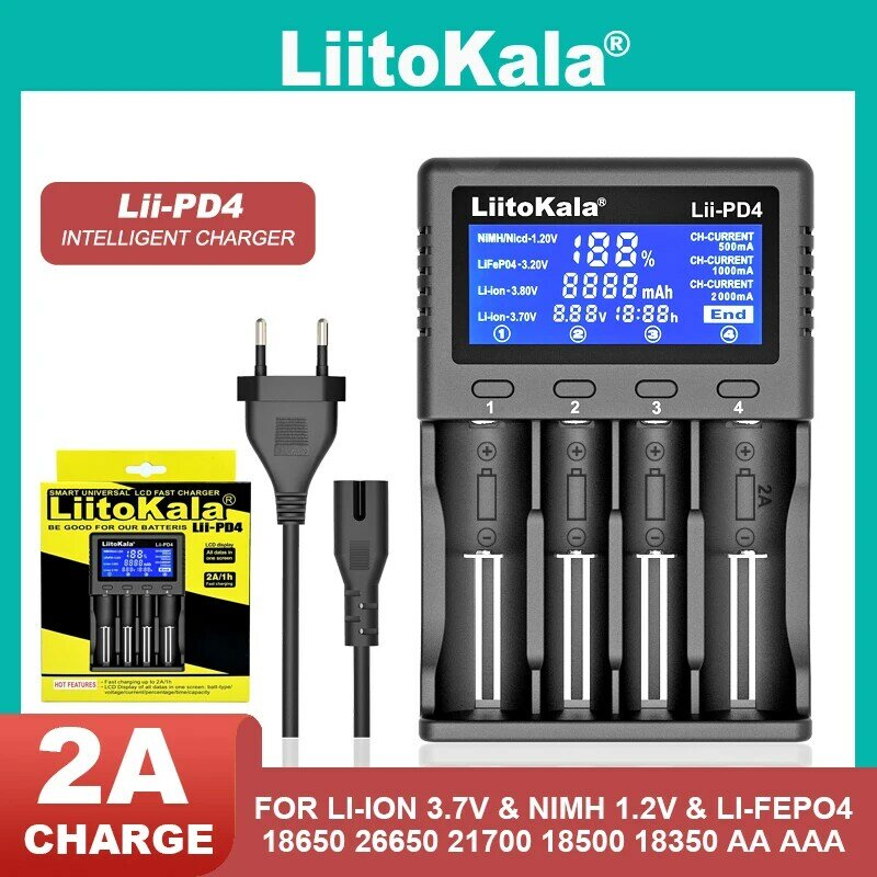 Liitokala lii-pd4 lii-PD2 lii-202 lii-402 carregador de bateria 18650 3.7v 21700 carregador, 14500 26650 1.2v aa nimh carregador de bateria