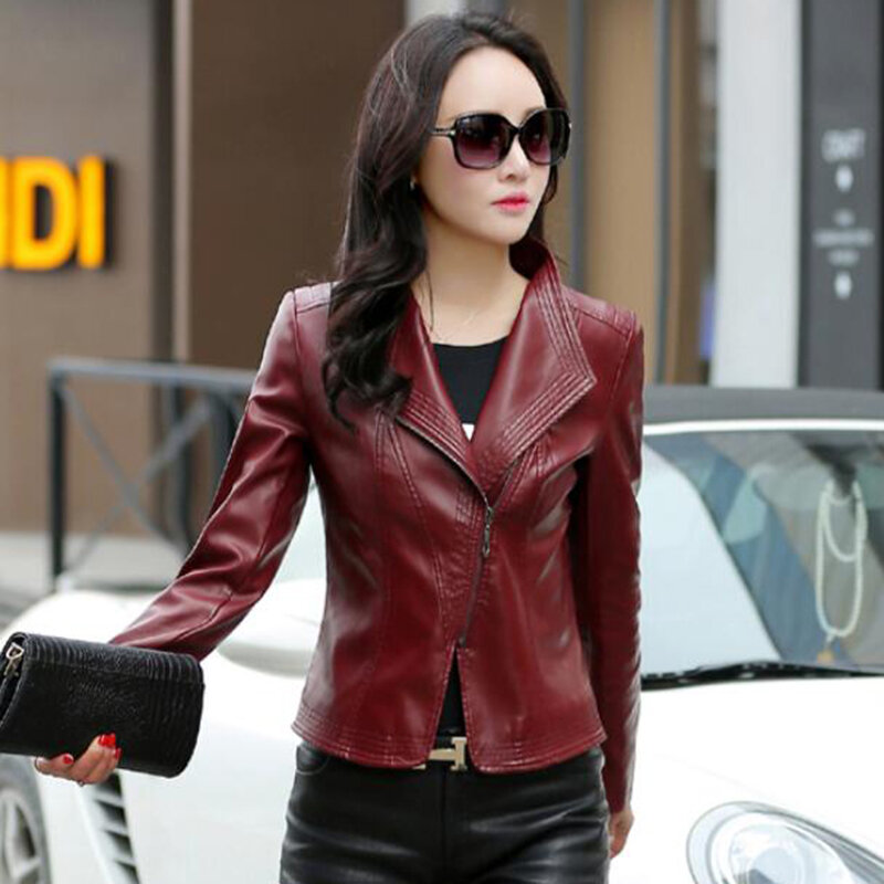 Long sleeve casual leather jackets women 2024 spring and autumn leather clothing female slim motorcycle leather coat black