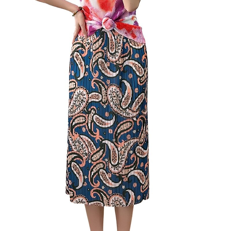 Женская плиссированная юбка миаке, модная универсальная трапециевидная юбка контрастных цветов с высокой талией и поясом на резинке, лето 2024