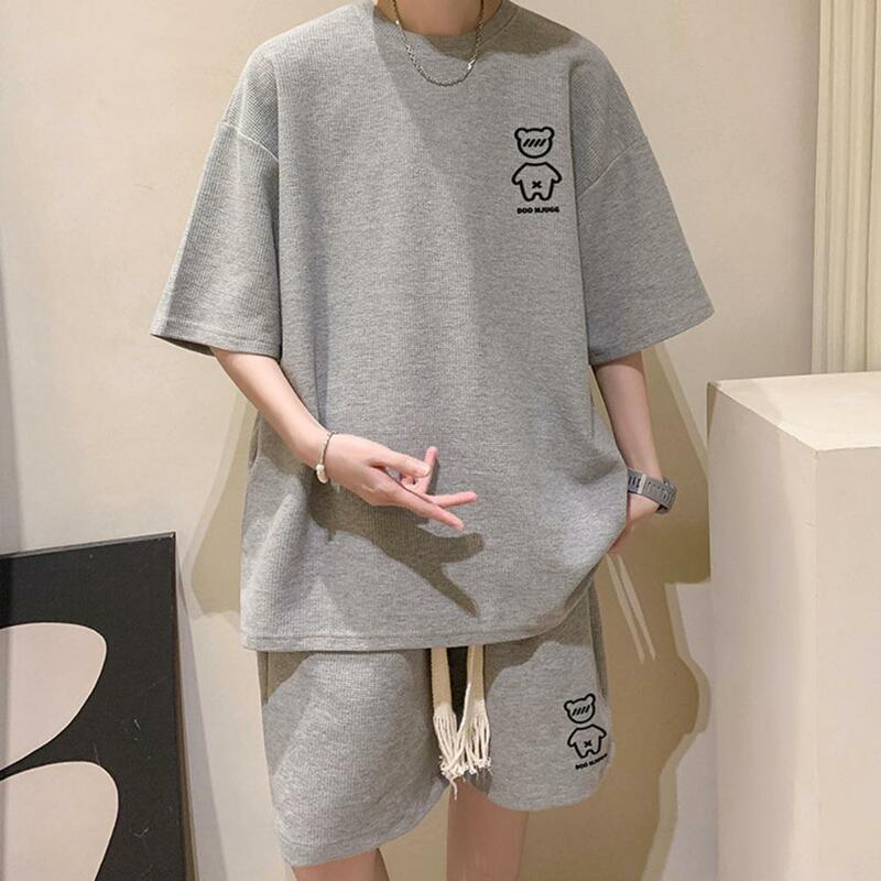 Chic Korean Style Two Piece Suit O Neck Men Summer Tracksuit Drawstring Men Summer Top Shorts Suit Male Clothes