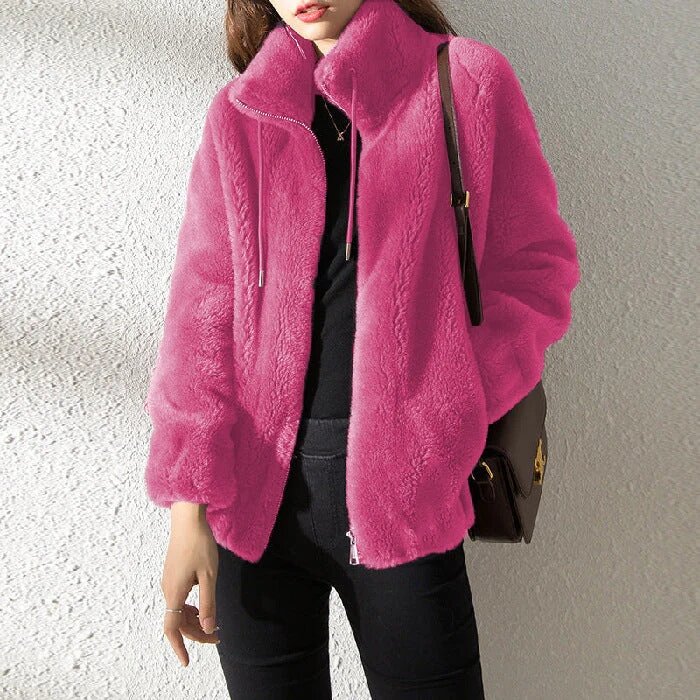 Jaqueta de lã dupla face feminina, casaco acolchoado, gola alta, monocromática, polar polar, térmica, frente e verso, inverno
