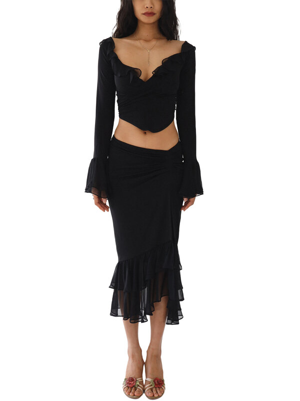Women Summer Sexy 2pcs Tube Tops Bodycon Skirt Set Off Shoulder Slim Fit Dress Y2k Party Clubwear