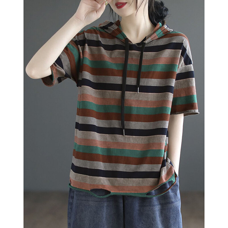 Fashion Color Striped Hole Lace Up Hooded Blouses Women Clothing 2024 Summer New Loose All-match Short Sleeve Tops Casual Shirts