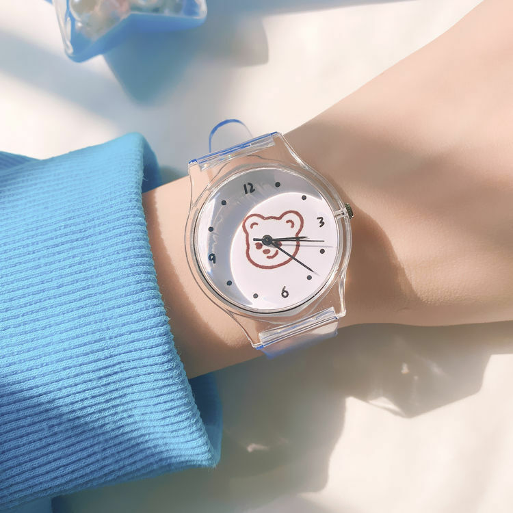 Reloj de cuarzo transparente para niños y estudiantes, bonito reloj con cara sonriente, oso, regalo para niñas