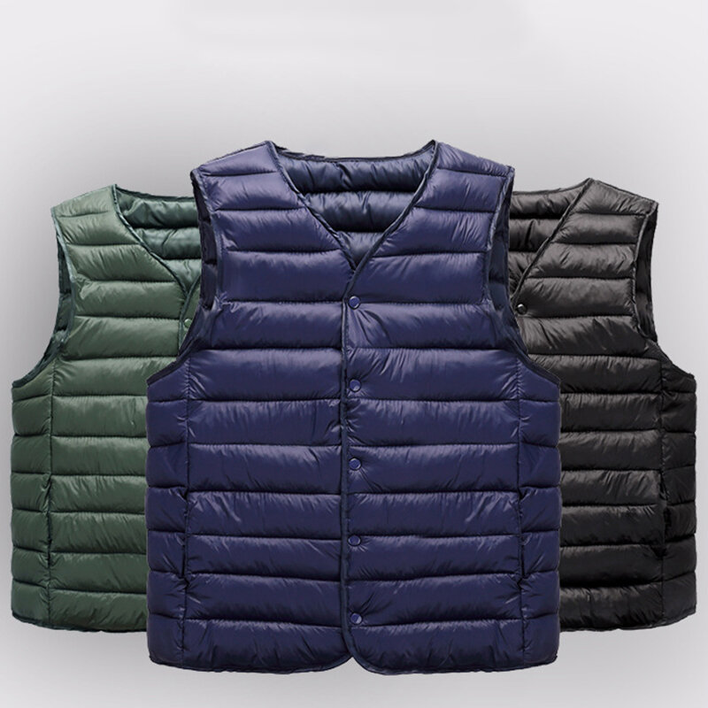 Colete masculino coreano inverno ultra leve, decote em v, botão baixo, forro de algodão, regata interna, jaqueta masculina, de meia idade e idosos