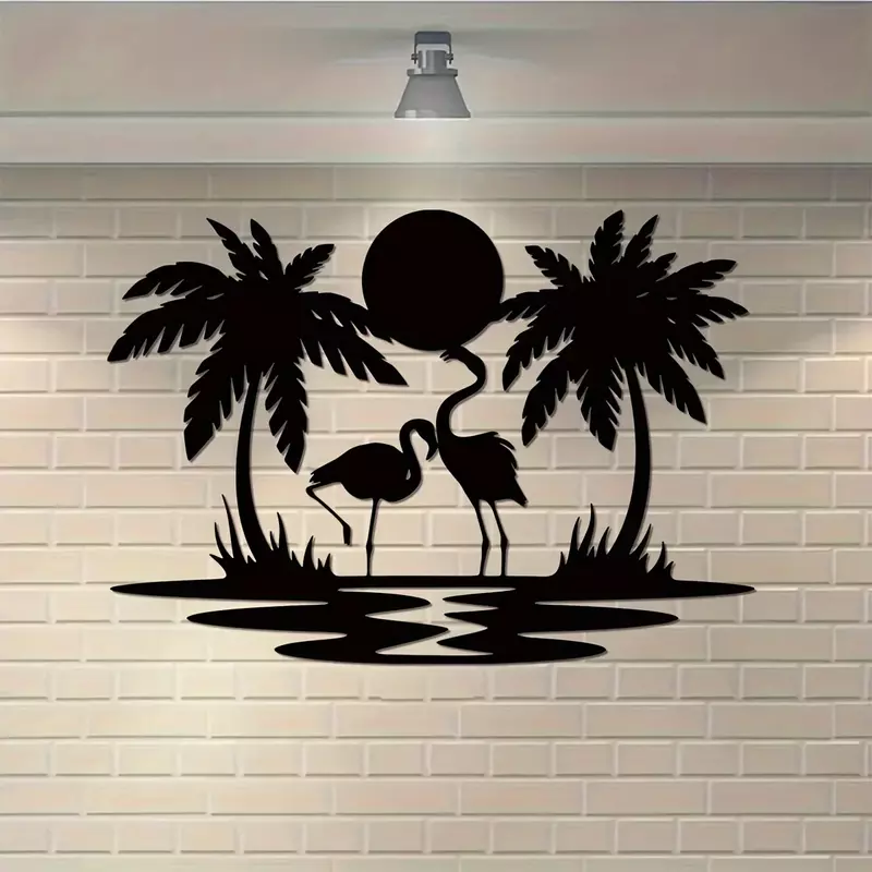 Letrero de puesta de sol de palmera de Flamenco de Metal, decoración de pared de palmera de Metal, regalos de inauguración de la casa, arte de pared para dormitorio y sala de estar