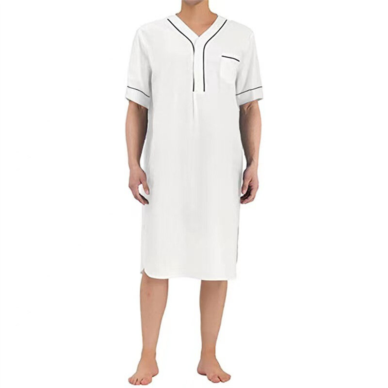 Men's Abaya Short Sleeve V-neck Robe Casual Homewear Loose Solid Color Nightgown Islamic Clothing Muslim Thobes Summer Dress