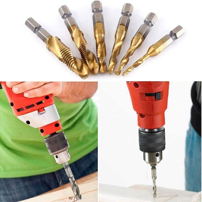 8Pcs HSS Spiral Combination Drill and Tap Bits with Automatic Spring Loaded Center Punch Tool 1/4Inch Hex Shank