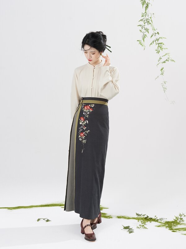 Song Hanfu-cárdigan de punto bordado, chaqueta con cuello de tortuga, falda giratoria elástica sin cordones