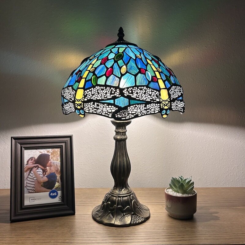 US  Tiffany style desk lamp dragonfly green blue stained glass retro 18 "H * 12" W-