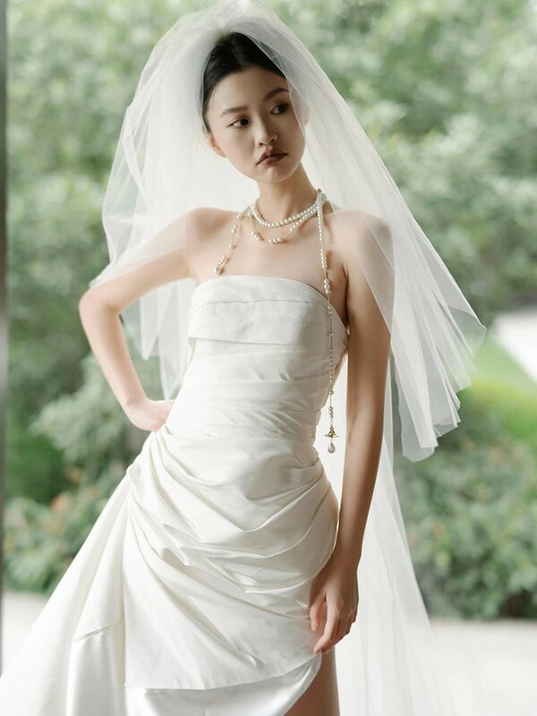 Mori Tube Top gaun pernikahan, cahaya perjalanan baru fotografi pengantin temperamen luar ruangan benang Satin putih sederhana