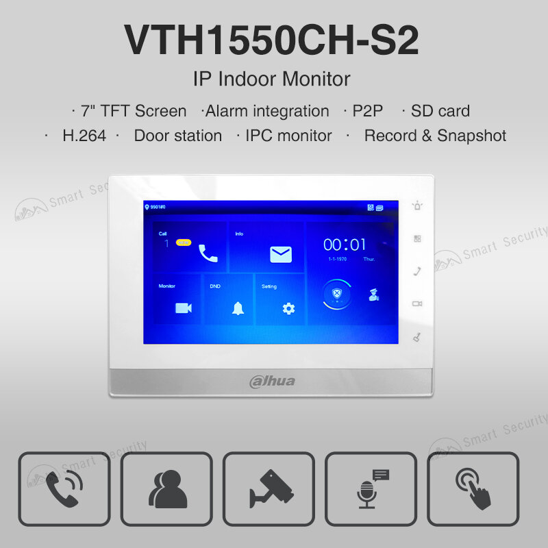 Dahua MultiLang 7 인치 스크린 네트워크 IP 카메라 모니터, 실내 비디오 인터콤 VTO 초인종 레코드 및 스냅샷 시스템 VTH1550CH-S2