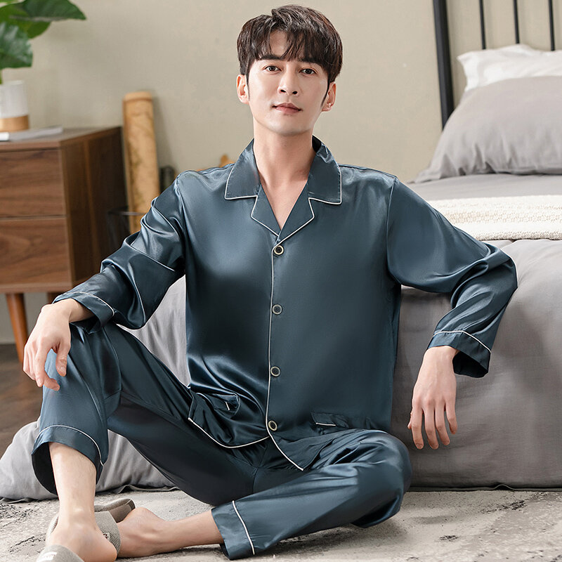Homem pijamas outono conjuntos de pijama de seda cardigan manga longa pijamas para homens pijamas de cetim de luxo masculino homewear M-3XL