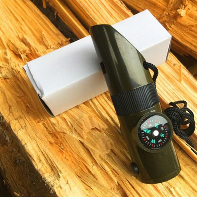 Multifunctional Whistle 7 In 1 Camping Survival Whistle Trekking Thermometer Compass Tools Magnifier Mirror With Led Light