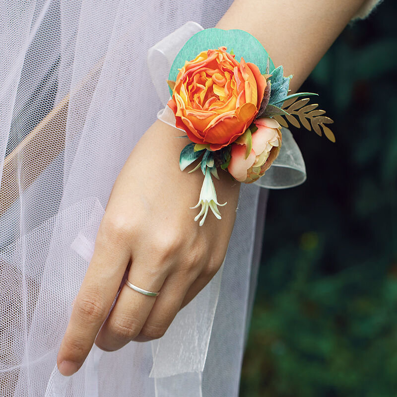 Ramillete de muñeca de boda, pulsera de dama de honor, flor de rosa de seda, flor de muñeca, flores de mano de boda, decoración de fiesta, accesorios de boda