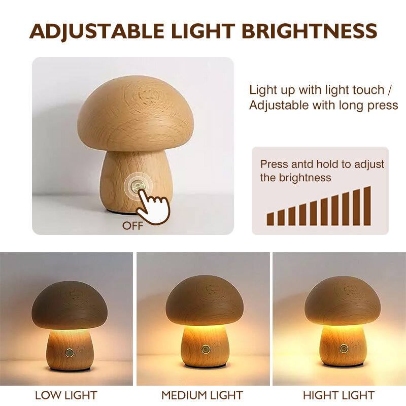 LED Holz niedlichen Pilz Nachtlicht tragbare dimmbare Nachttisch lampe mit USB-Aufladung Pilz Tisch lampe für Wohnkultur