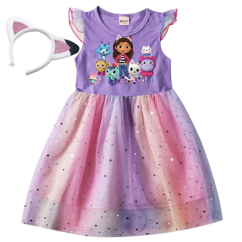 Gabby Dollhouse Girl Dress Children's Cartoon Mesh Star Princess Dress Kids Flying Sleeve Skirt + headwear 2pcs