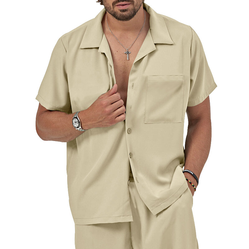 남성용 캐주얼 옷깃 단추 반팔 셔츠 및 드로스트링 반바지 세트, 데일리 레이용 의류, 여름, 2 개