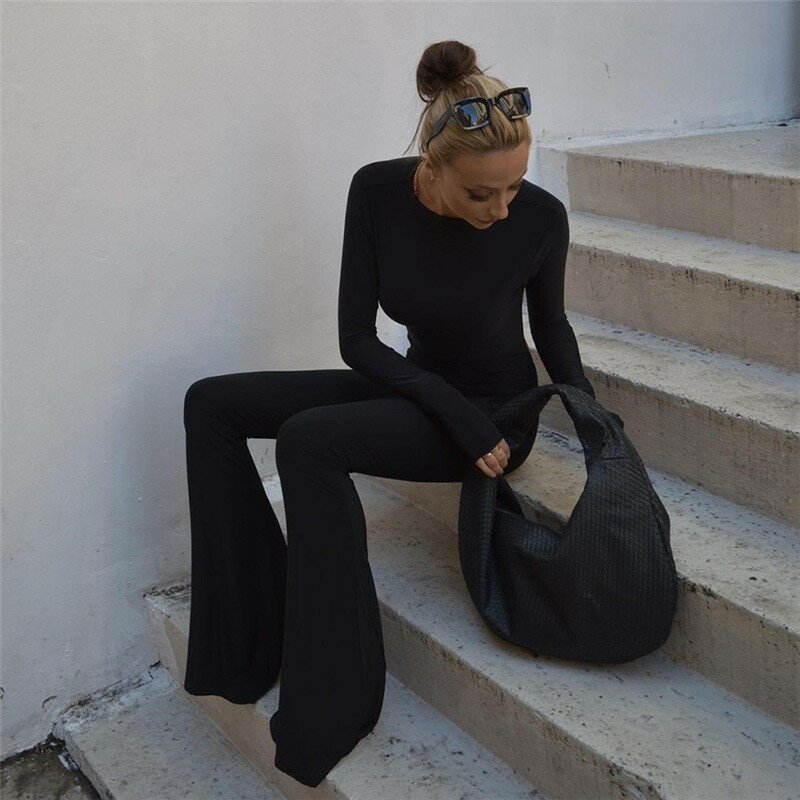 Estate Y2K Solid Black Basic body per le donne moda maniche lunghe Halter Backless Flare Pants Simple Casual Streetwear