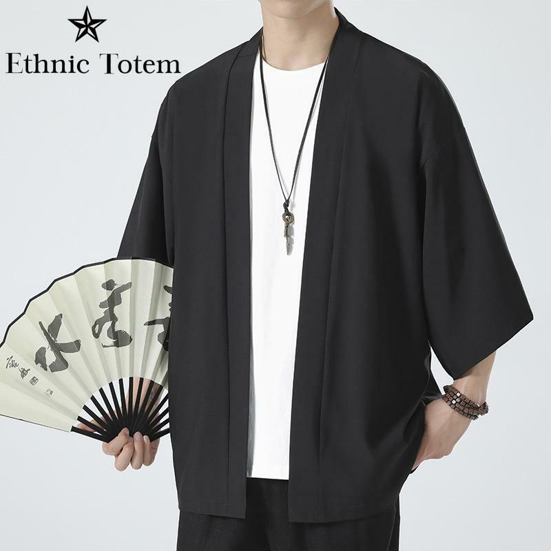Kimono preto japonês masculino, capa, cardigã, branco, camisa de praia, haori, roupas de samurai, verão