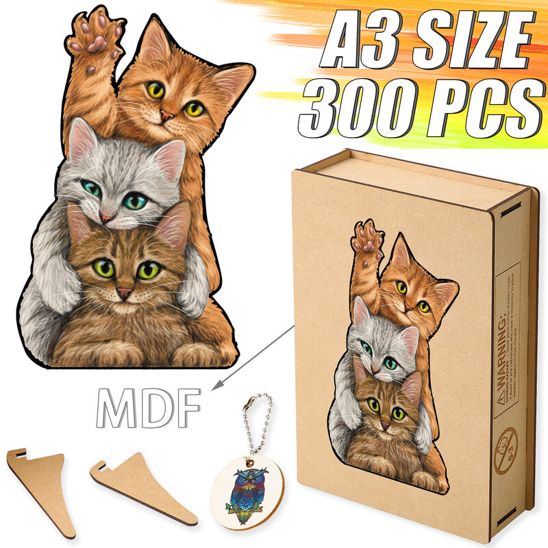 大人と子供のための最高の木製の動物パズル,かわいい猫のパズル,魅力的な木製ケース