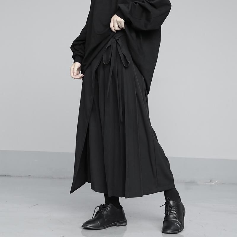 Deeptown Gothic Pleated Black Skirt Pants Women Vintage Baggy Harajuku Patchwork Trousers Japanese Y2k Streetwear Wide Leg Style