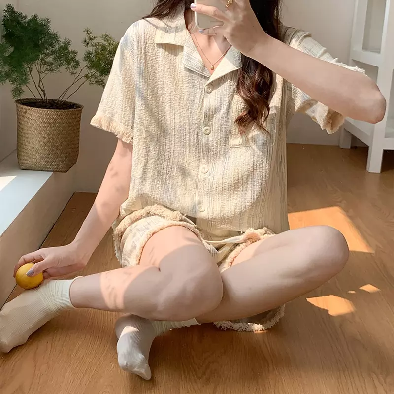 Pigiama coreano Mujer coniglio stampa floreale filato di cotone pigiameria Set manica corta Top + pantaloncini Homewear traspirante delicato sulla pelle