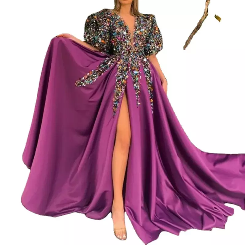 Sexy Prom Dress Woman V-neck Banque Puff Sleeves Fashion Gothic Split Long Skirts Party Clothes Ball Gown Sequins Women Dresses