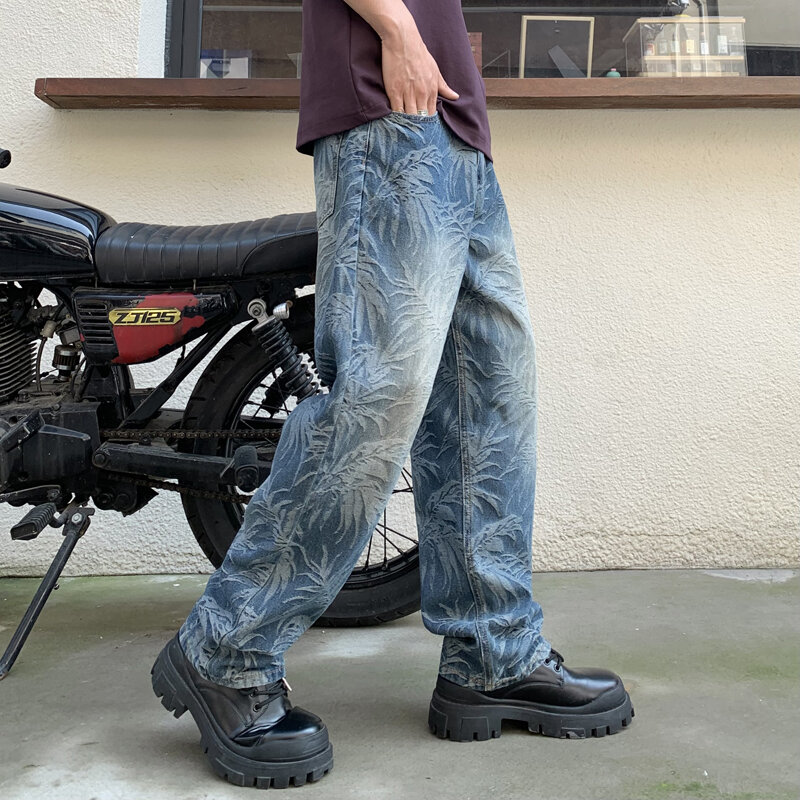 Pantalones vaqueros holgados estampados para hombre, jeans de pierna ancha recta de alta gama, estilo coreano, hip-hop, moda de ocio