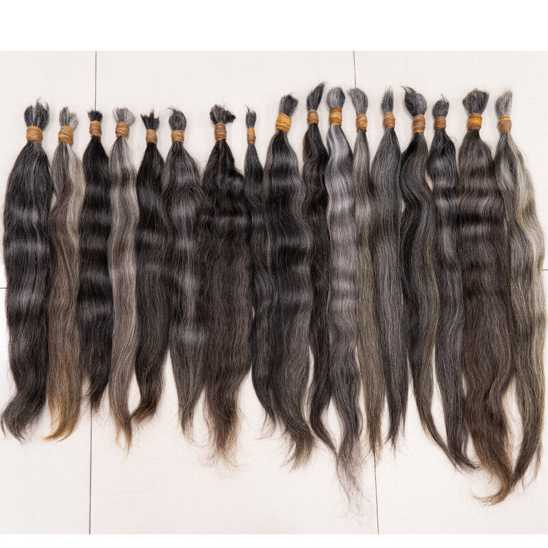 Extensiones de cabello humano rizado indio, pelo trenzado sin trama, color gris, sin procesar, a granel