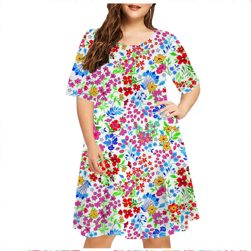 여성용 여름 레트로 반팔 A 라인 드레스, 식물 꽃 3D 인쇄 드레스, 캐주얼 패션, O-넥 루즈 숙녀 드레스, 플러스 사이즈 6XL