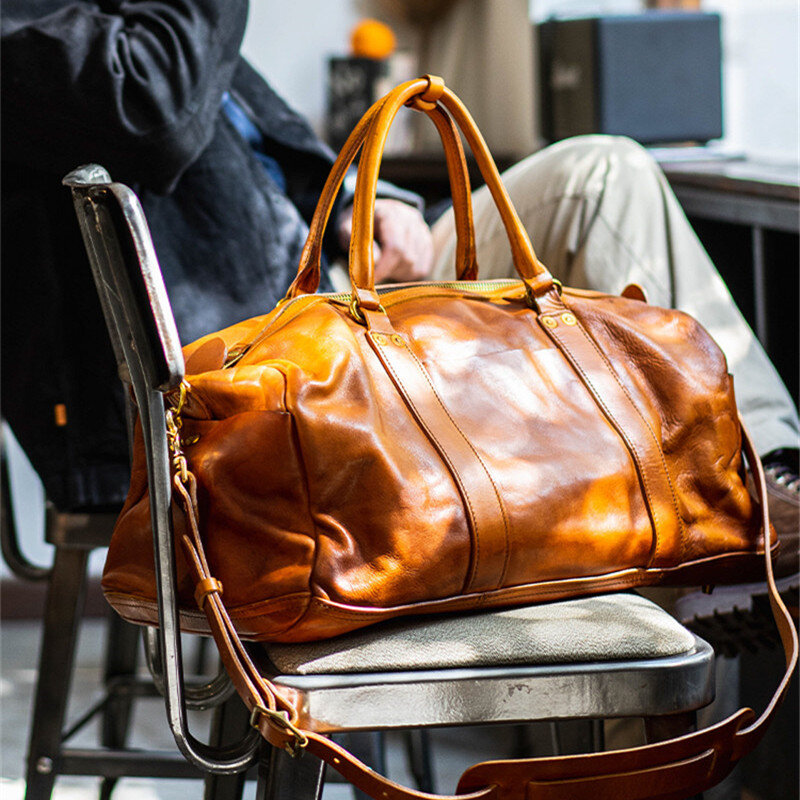 Vintage fashion luxury genuine leather men's travel bag outdoor weekend large capacity crossbody bag real cowhide women handbag