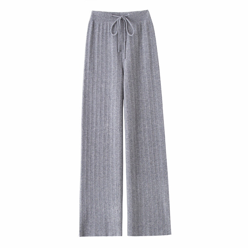 Pantalones de lana 2022 pura para mujer, pantalón suave y cómodo de punto de cintura alta, holgado y grueso, de pierna ancha, otoño e invierno, 100%