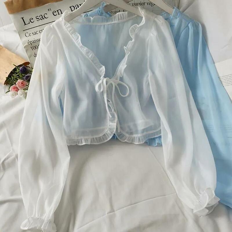 Camisa de protección solar para mujer, abrigo de gasa con lazo, Top fino, camisetas transparentes para mujer, Verano