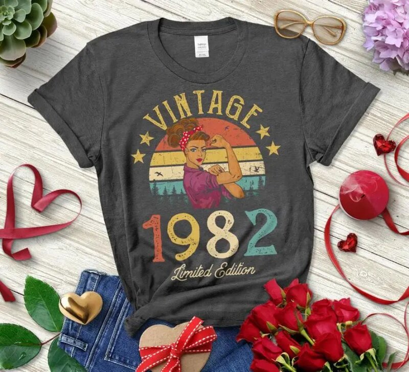 Damski bawełniany t-shirt Vintage 1982 limitowana edycja Retro trójnik żeński śmieszne 40 urodziny O dekolt krótki rękaw wysoki wysokiej jakości koszulka
