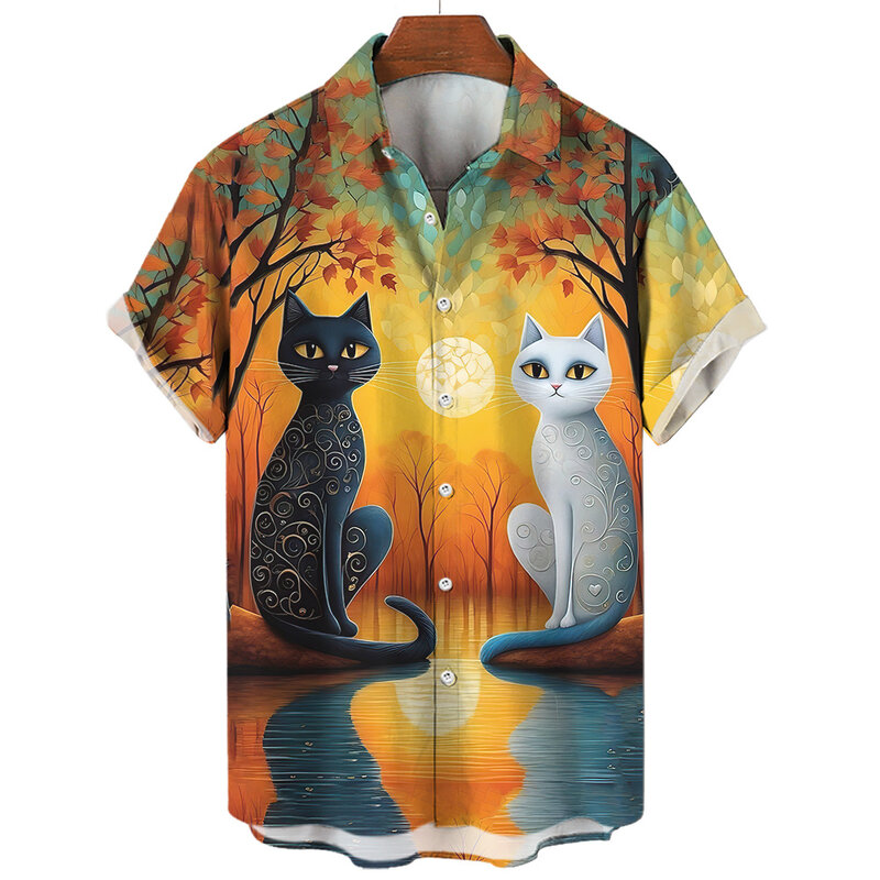 Гавайская Мужская рубашка с коротким рукавом, свободная пляжная Повседневная рубашка большого размера с абстрактным принтом кота в стиле унисекс, лето 2024