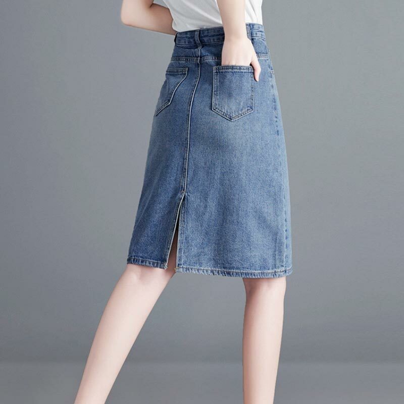 Damska spódnica dżinsowa niebieska wiosna lato cienka szczupła modna wysokiej talii rozcięcie dżinsy spódnice Casual odzież damska Plus rozmiar
