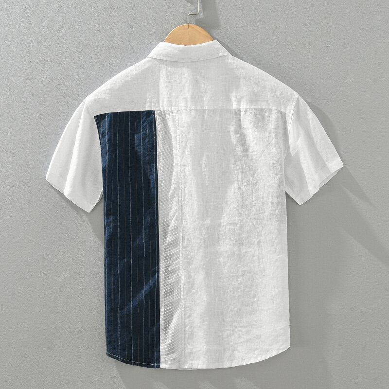 남성용 린넨 캐주얼 셔츠, 스트라이프 패치워크 반팔 셔츠, 루즈한 대형 단추 셔츠, 100% 패션