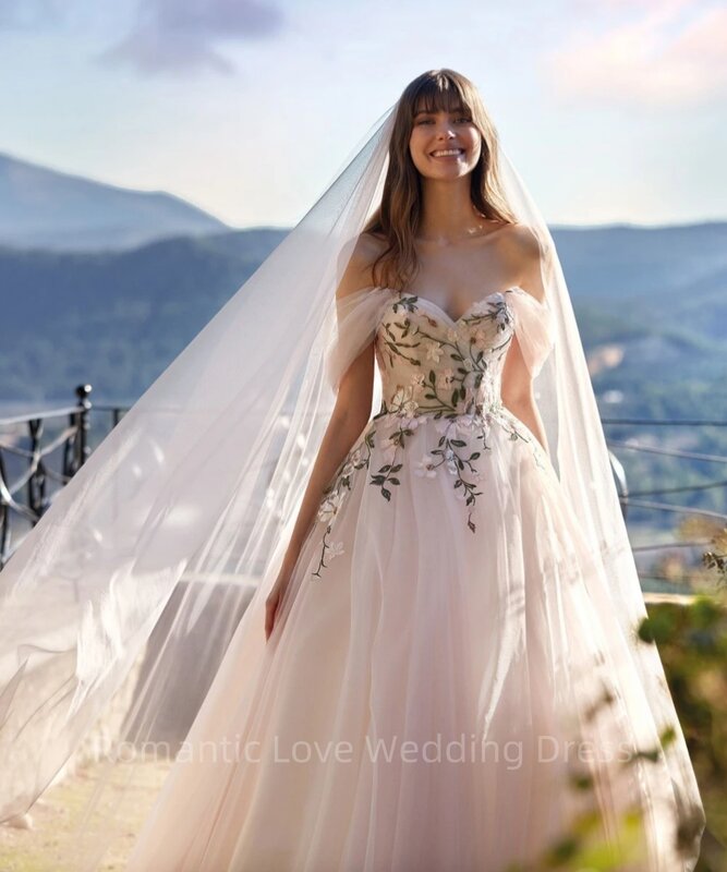 Vestido De novia elegante con hombros descubiertos, traje clásico con cuello en V, línea A Simple, largo, 2024