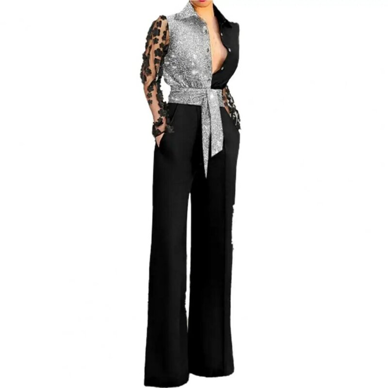 Flower Decor Net Yarn Sleeve tuta da donna colletto rovesciato Patchwork colore tasche per cintura tuta Streetwear