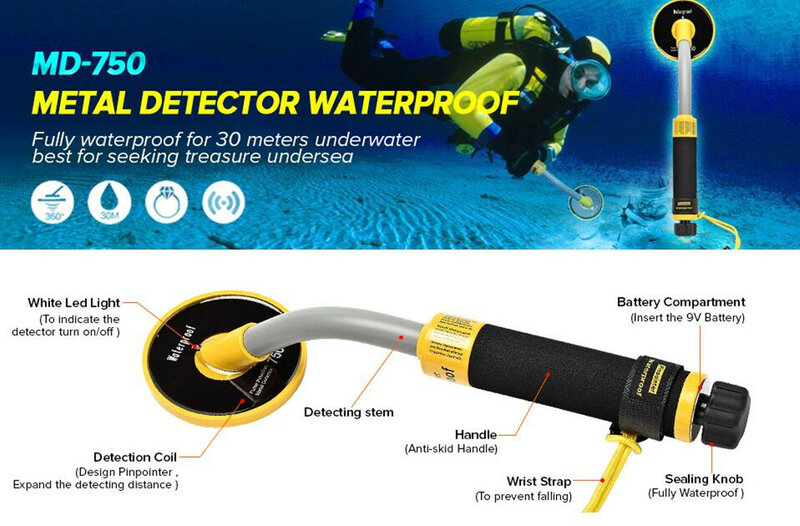 كاشف معادن PI750 مضاد للمياه بالكامل طقم حفار ذهبي 100 قدم/30 متر تحت الماء غوص المحيط البحيرة حساسية عالية الحث بالنبض