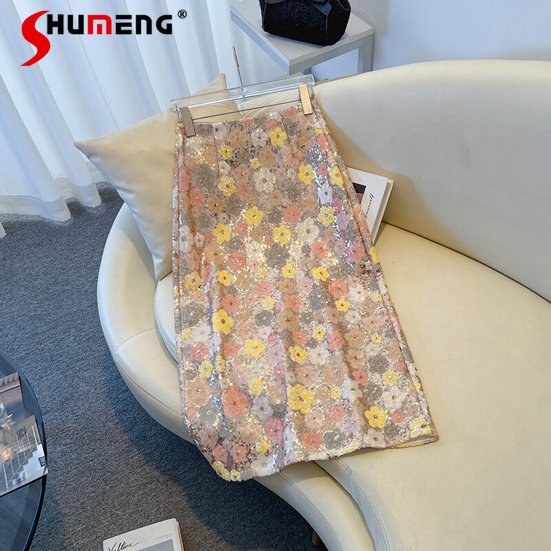 Sequins Colorful Flowers Embroidery Skirt Ladies 2024 Summer New Elegant Women's A- Line Shinny High Waisted Sheath Midi Skirts