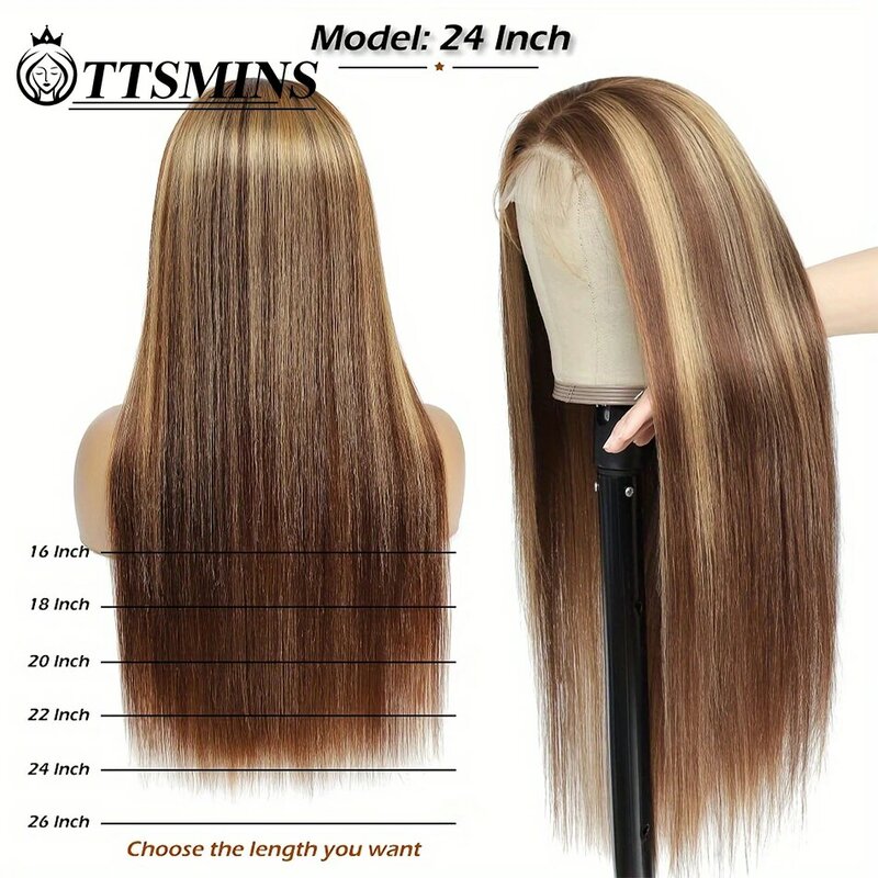 Pelucas de cabello humano brasileño Remy, postizo largo y liso con cierre de encaje HD precortado, color 4/27, sin pegamento, 5x5