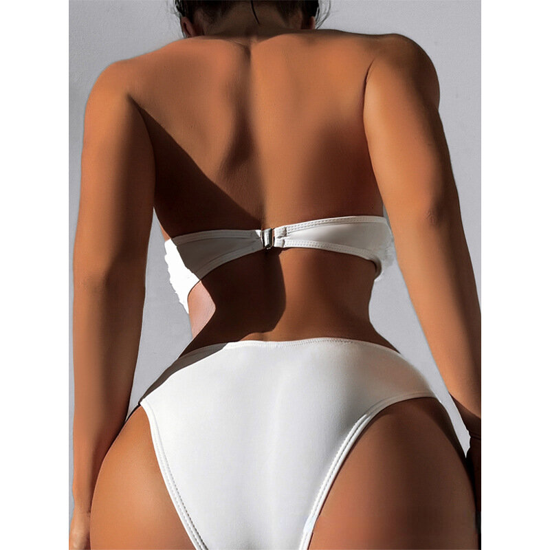 Bikini bez ramiączek Push Up strój kąpielowy kobiet stroje kąpielowe seksowna z wiązaniami zestaw Biquini kostium kąpielowy 2024 Mujer damskie stroje plażowe kwiat biały