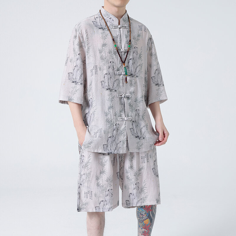 Costume chinois Hommes Pocket Ice Silk Chemise Short Tang Costume Disc Buckle Top Pantalon Spring Summer Set Men
