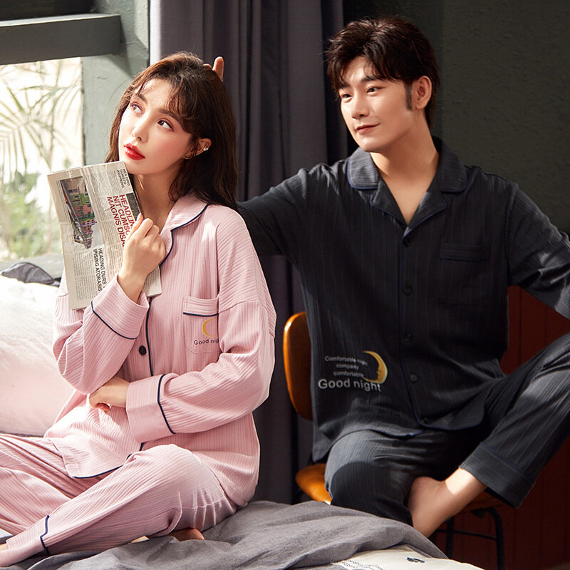 Cotton Hàn Quốc Nữ Bộ Ngủ Áo Dài Quần Của Người Đàn Ông Pijamas Phù Hợp Với Nhà Phù Hợp Với Plus Size Nữ Nam váy Ngủ Thả Con Tàu